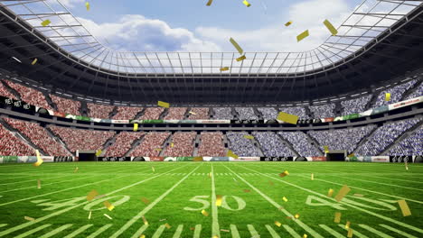 Animation-of-golden-confetti-falling-against-view-of-rugby-sports-stadium