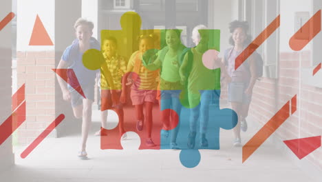 Animation-of-connected-jigsaw-puzzle-pieces-over-happy-diverse-children-running-out-of-classroom