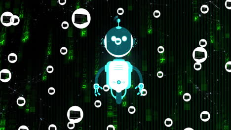 Animation-Von-KI-Chatbot-Und-Symbolen-über-Binärer-Kodierung-Auf-Schwarzem-Hintergrund