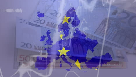 Animation-Der-Datenverarbeitung-Und-Der-Wehenden-EU-Flagge-über-Der-EU-Karte-Vor-Dem-Hintergrund-Von-Euro-Scheinen-In-Großaufnahme