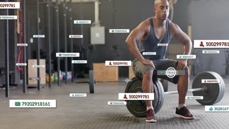 Animation-of-social-media-notifications-over-biracial-man-sitting-on-barbell-at-gym