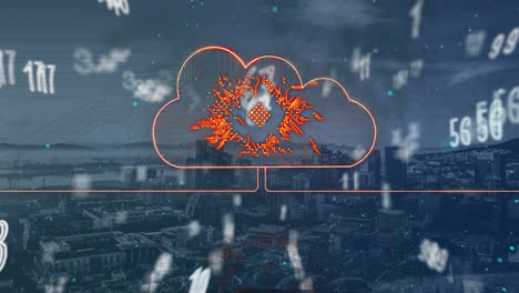 Animation-of-cloud-with-flames-and-glowing-motherboard-over-data-processing-and-cityscape