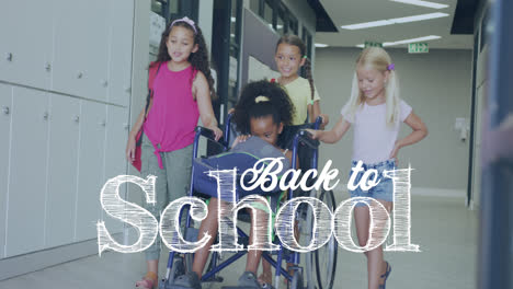 Animation-of-back-to-school-text-over-happy-diverse-school-kids-and-schoolgirl-in-wheelchair