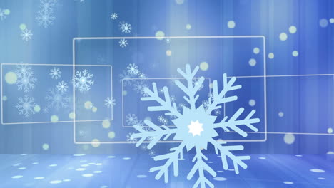 Animation-of-snowflakes-and-rectangles-with-lens-flares-against-blue-background