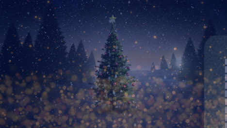 Animation-of-snow-falling-and-light-spots-over-christmas-tree-and-winter-landscape