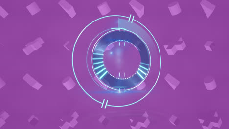 Animation-of-loading-circles-over-3d-symbols-and-geometric-shapes-against-purple-background
