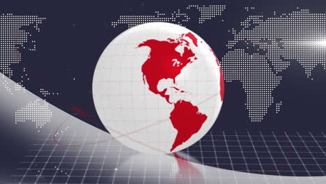 Animation-Eines-Sich-Drehenden-Globus-Und-Einer-Weltkarte-über-Roten-Abstrakten-Formen-Vor-Blauem-Hintergrund