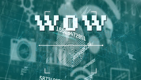 Animation-of-wow-and-fingerprint-over-icons-in-green-digital-space