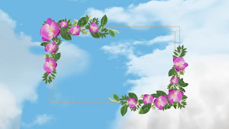 Animation-Eines-Rechteckigen-Rahmens-Mit-Floralem-Design-Und-Platz-Zum-Kopieren-Vor-Wolken-Am-Blauen-Himmel