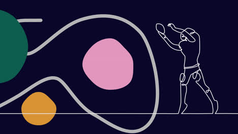 Animation-Der-Zeichnung-Eines-Männlichen-Rugbyspielers,-Der-Einen-Ball-Und-Formen-Auf-Blauem-Hintergrund-Fängt