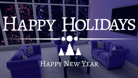 Animation-of-happy-holidays-happy-new-year-over-house-interior-and-fireworks