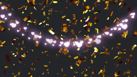 Animation-of-confetti-falling-and-fairy-lights-on-black-background