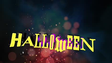 Animation-of-happy-halloween-text-banner-over-glowing-light-spots-against-black-background