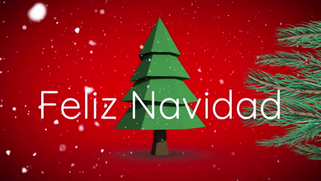 Animation-of-felix-navidad-text-and-snow-fallling-over-spinning-christmas-tree-on-red-background