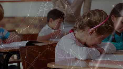 Animation-of-network-of-connections-over-two-caucasian-girls-studying-in-the-class-at-school