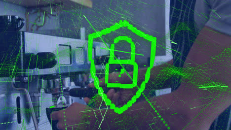 Animation-of-security-padlock-and-green-light-trails-over-caucasian-barista-using-coffee-machine