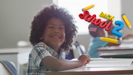 Animation-of-back-to-school-text-over-happy-african-american-schoolboy-at-school