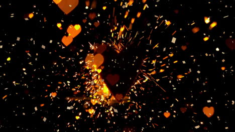 Animation-of-white-confetti-falling-over-yellow-heart-icons-and-light-sparks-on-black-background