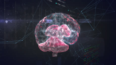Animation-of-network-of-connections-and-light-spot-over-human-brain-icon-against-black-background