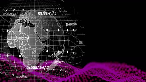 Animation-Der-Datenverarbeitung-über-Einem-Sich-Drehenden-Globus-Vor-Einer-Violetten-Digitalen-Welle-Auf-Schwarzem-Hintergrund