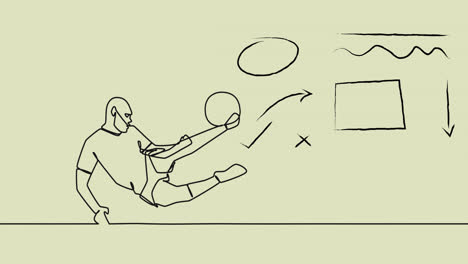 Animation-of-drawing-of-male-soccer-player-kicking-ball-and-shapes-on-beige-background