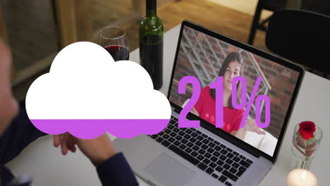 Animation-of-cloud-upload-icon-against-rear-view-of-man-with-drinks-having-a-video-call-on-laptop