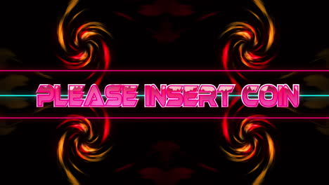 Animation-of-please-insert-coin-text-against-red-digital-wave-spinning-on-black-background