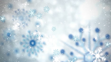 Animation-of-snowflakes-falling-over-spots-of-light-against-grey-background-with-copy-space