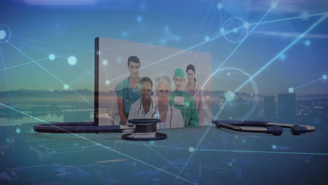 Animation-of-stethoscope-around-screen-with-multiracial-doctors,-connected-dots,-silhouette-of-city