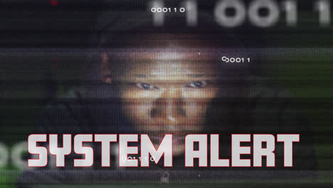 Animation-of-system-alert-over-binary-code,-integrated-circuit-and-face-of-african-american-hacker