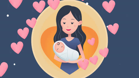Animation-of-caucasian-mother-with-baby-over-navy-background-with-hearts