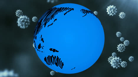 Animation-Fallender-Covid-19-Zellen-über-Einem-Sich-Drehenden-Globus-Auf-Dunklem-Hintergrund