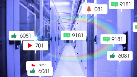 Animation-of-rainbow-lens-flare-and-social-media-icons-floating-against-computer-server-room
