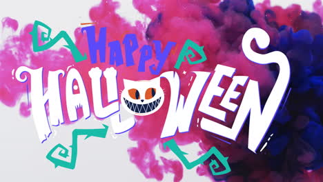 Animation-of-happy-halloween-text-and-cat-over-pink-and-white-background