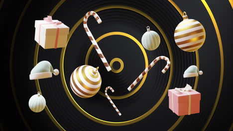 Christmas-baubles,-gifts-and-candy-canes-over-gold-concentric-rings-on-black-background