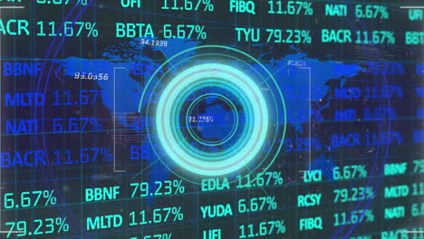Animation-of-scope-scanning-over-stock-market-and-world-map-on-black-background