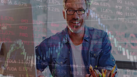 Animation-of-graphs-with-changing-numbers-and-trading-board,-caucasian-man-working-on-computer