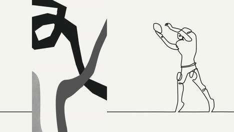 Animation-Der-Zeichnung-Eines-Männlichen-Rugbyspielers,-Der-Einen-Ball-Und-Formen-Auf-Beigem-Hintergrund-Fängt