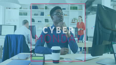 Animation-of-cyber-monday-text-banner-over-thoughtful-african-american-man-using-computer-at-office