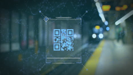 Animation-of-qr-code-scanner-against-blurred-view-of-train-arriving-at-a-station