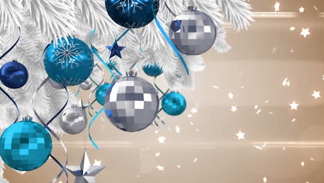 Animation-of-baubles-and-ribbons-hanging-on-christmas-tree-with-stars-and-lens-flares