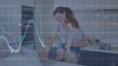 Animation-of-financial-data-processing-over-caucasian-woman-carrying-her-baby-using-laptop-at-home