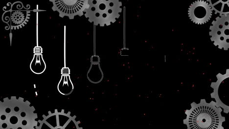 Animation-of-spinning-gears-and-hanging-electric-bulb-icons-against-black-background