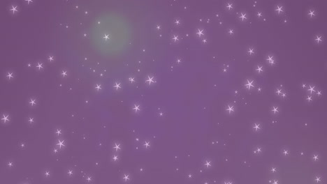 Animation-of-shining-stars-and-glowing-spots-of-light-against-purple-background-with-copy-space