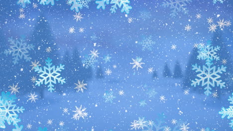 Animation-of-snow-and-snowflakes-falling-over-trees-on-winter-landscape