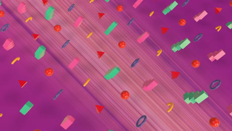 Animation-Von-Geometrischen-3D-Formen-über-Einem-Bewegten-Abstrakten-Muster-Vor-Violettem-Hintergrund