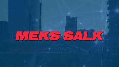 Animation-of-mega-sale-text-banner-and-glowing-network-of-connections-against-view-of-cityscape