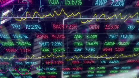 Animation-of-stock-market-data-processing-over-digital-interface-against-blue-background