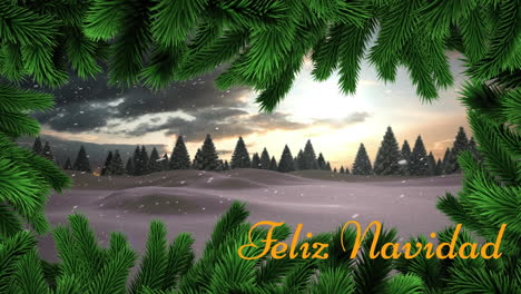 Animation-of-feliz-navidad-text-and-branches-against-snow-falling-over-winter-landscape
