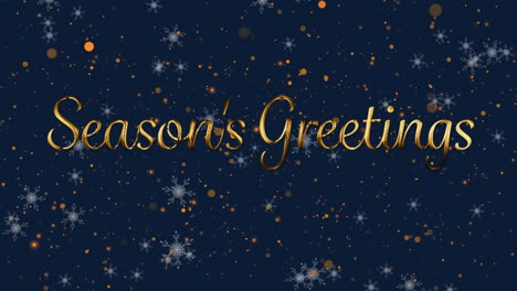 Animation-of-snow-falling-overseasons-greetings-text-banner-and-yellow-spots-on-blue-background